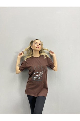 Flood Of Style Kadın Kahverengi Alaska Baskılı Oversize Bisiklet Yaka Tshirt