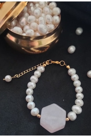 24k Altın Kaplama Gerçek İnci Sedefli Pembe Akrilik Detaylı Bilek Gold