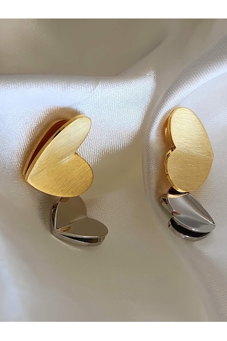 Kalp Model Salllantılı 925 Ayar Gümüş Klipsli Çelik Küpe Gold