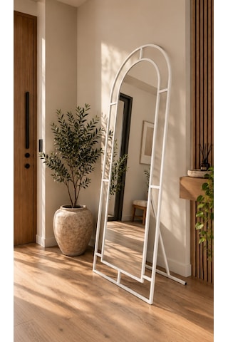 Effe Beyaz Metal Çerçeveli 180x70 Cm Pencere Model Oval Ayaklı Boy Aynası
