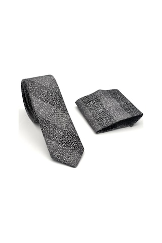 Gaffy Füme Gri Verev Desenli Dokuma Kumaş Mendilli Slim Fit Kravat // SDK-240106 Füme