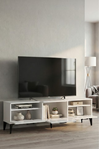 Tv Sehpası 160 Cm Kapaklı Raflı Televizyon Ünitesi Salon Oturma Odası Tv Sehpa Mistral Metalik