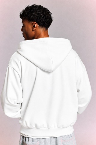 Tarz Cool Erkek 3 İplik Şardonlu Regular Fermuarlı Kapüşonlu Sweatshirt Kalın Kışlık Hoodie Beyaz