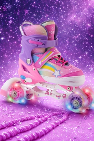 Yıldız Gökkuşağı Işıklı Kız Çocuk Pateni Kask Ve Dizlik Seti Silikon Teker Ayarlanabilir Taşıma Pembe