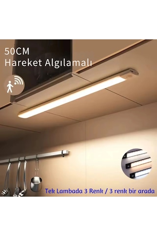 Shopytech 50 Cm Manyetik Şarjlı Led Dolap/tezgâh Altı Lamba Hareket Sensörlü 3 Renk Kısılabilir Usb Çok Renkli