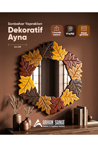 Sonbahar Yaprakları Dekoratif Duvar Aynası 44x41 Cm Salon Çalışma Odası Antre Mutfak Aynası Polyester Ahşap El Yapımı Ayna Çok Renkli