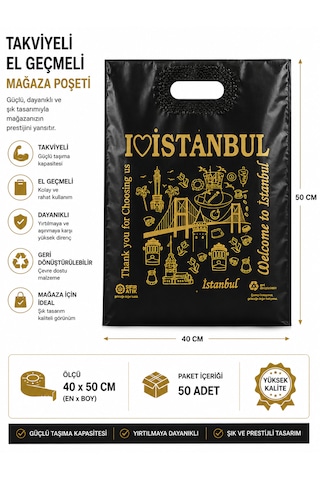 Takviyeli El Geçme İstanbul Tasarımlı Poşet 40x50-mağaza Poşeti-50adet