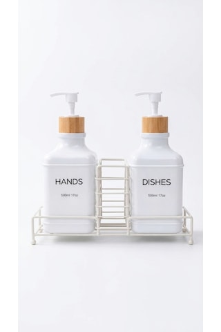 Makri Home Stantlı Bambu Kapaklı İkili Cam Sıvı Sabunluk & Deterjanlık Seti 2 500 Ml, 22,5 8,5 24 Cm Beyaz