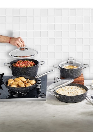 Falez Black Line 7 Parça Granit Tencere Seti Siyah