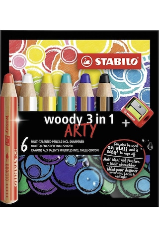 Stabilo Woody Arty 3ü 1 Arada Mum Boya - Kuru Boya - Sulu Boya 6 Renk + Kalemtıraş