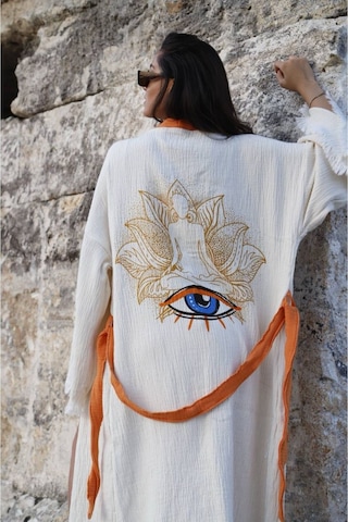 Befera Müslin Kimono Pamuklu Yoga Meditasyon Baskılı Desenli Bornoz Kaftan Sabahlık Ekru