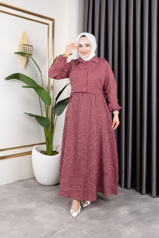 Hira Life Fashion Kadın Bordo Tesettür Giyim Gömlek Detaylı Çizgili Viskon Kıraş Elbise İkili Takım Bordo Bordo