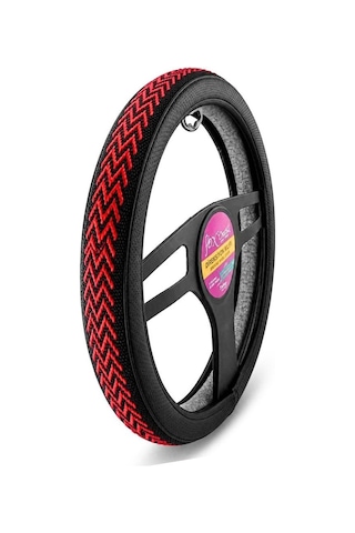 Direksiyon Kılıfı 38cm Geçmeli Dokuma Kokusuz Kaymaz Terletmez 36-37-38cm Uyumlu Nakışlı Suni Deri Siyah Üzeri Kırmızı İşlemeli F-332 Kırmızı - Siyah