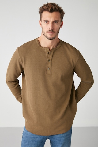 Grimelange Patrick Erkekm Triko Yakalı Waffle Özel Dokulu Kalın Kumaşlı Uzun Kol Haki T-shirt