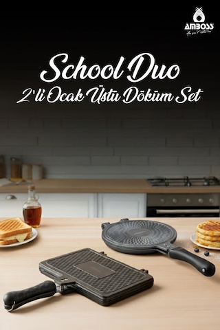 School Duo 2 Li Döküm Ocak Üstü Tost Waffle Tava Seti Siyah