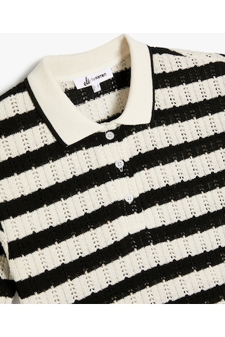 Koton Kroşe Polo Yaka Tişört Crop Kısa Kollu Düğme Detaylı Ekru Çizgili 4sal10805ık Ekru