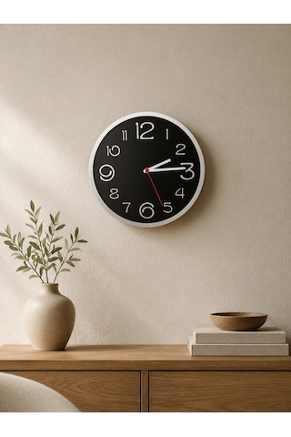 Modern Sessiz Dekoratif 30 Cm Yuvarlak Duvar Saati Siyah - Beyaz