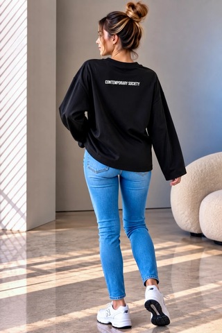Bb Butik Basic Kadın Baskılı Bol Kollu Oversize İnce Sweatshirt Trend Model Mu3535 siyah