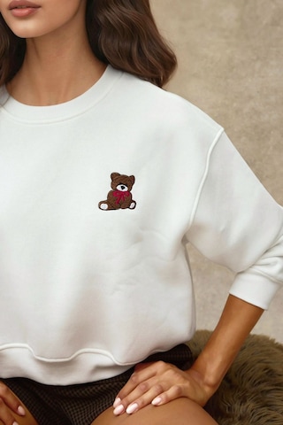 Hiccup İşlemeli Rahat Kesim Pamuklu Sweatshirt Tozlu Beyaz