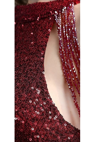 Hanife Glam Couture Hanife Glam Boncuk Detaylı Pulpayet Abiye Elbise Bordo