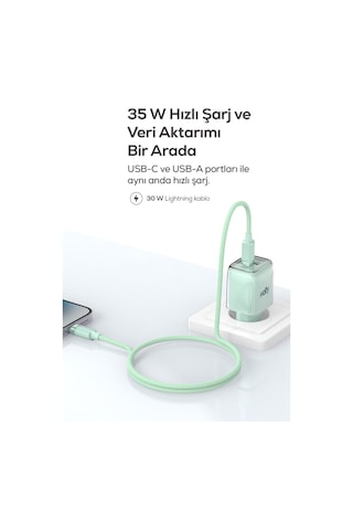 Hızlı Şarj Adaptörü 35w Gan + Lightning Kablo 30w Pd Usb-c&usb-a, Tablet&telefon Yeşil-v0102019