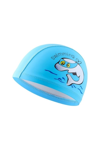 Çocuk Yüzme Şapkası Pu Baskılı Sevimli Yunus Desenli Elastik Yüzme Şapkası Gök Mavisi Mavi