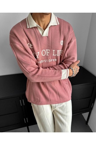 Oversize Polo Yaka Desenli Triko Kazak Yumuşak Dokulu Tüylenmez Salaş Nakış Detaylı Sweatshirt Triko Açık Bej