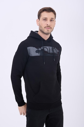 Erkek 3 İplik Pamuklu İçi Polarlı Regular Fit Nakışlı Kapüşonlu Kanguru Cepli Siyah Sweatshirt Siyah