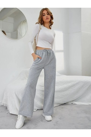 Kallima Kışlık Polarlı Yüksek Bel Gri Bol Paça Eşofman Altı Siyah