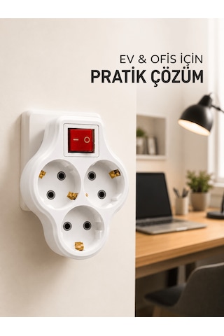 Lexroo Kablosuz Priz Çoğaltıcı 3 Çıkışlı Anahtarlı Kompakt Duvar