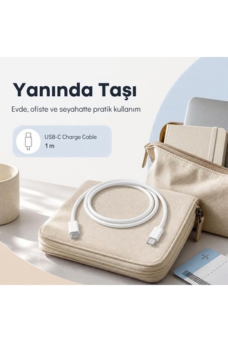 Usb-c To Usb-c Örgülü Hızlı Şarj Ve Data Kablosu 1 Metre 60w Telefon Tablet Notebook Uyumlu Type-c Kablo Beyaz