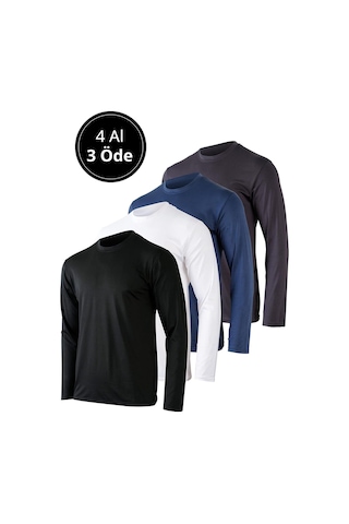 Rich Erkek Siyah-beyaz-antrasit-lacivert 4'lü Paket Basic Uzun Kollu Tişört Sporcu Body T-shirt Çok Renkli