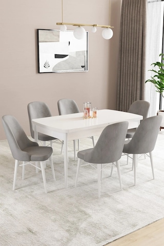 Sar Pakete Almira Serisi, Beyaz 80x132 Açılabilir Mdf Mutfak Masası Takımı 6 Adet Sandalye Gri