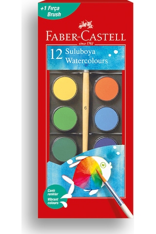 Faber-Castell Suluboya 12 Renk, Büyük Boy, Parlak ve Örtücü Renkler, Kağıt Yüzeylere Uygun, Karıştırılabilir