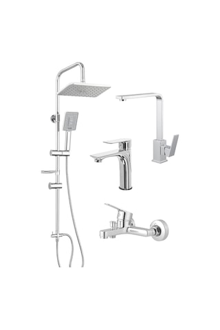 Krom 4lü Set Banyo Bataryası Eviye Bataryası Lavabo Bataryası Duş Tepe Yağmurlama Seti Özel Seri 2 Krom