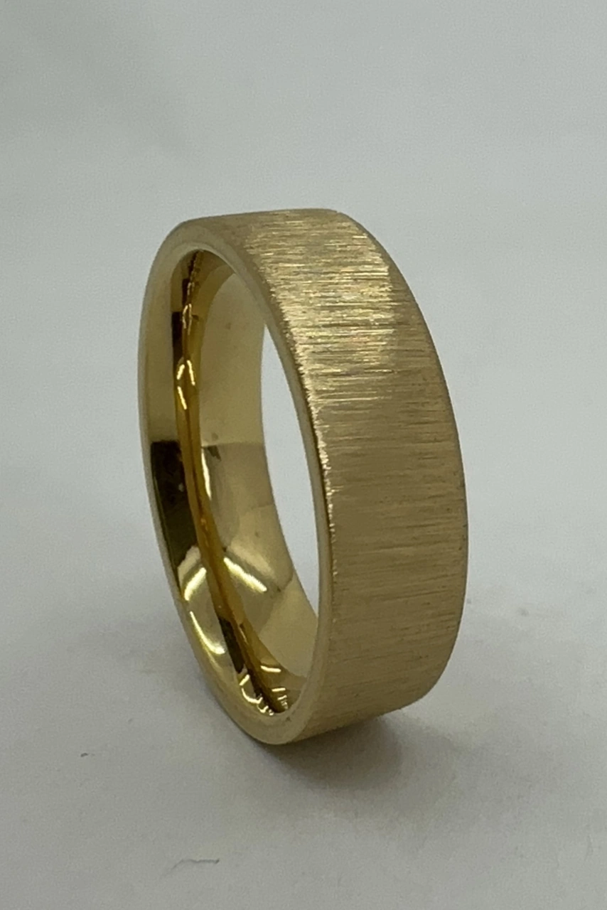 Kişiye Özel İsim Tarih Yazılı 6mm Mat Fırçalanmış Düz Unisex Çelik Yüzük Alyans Cl46y Sarı