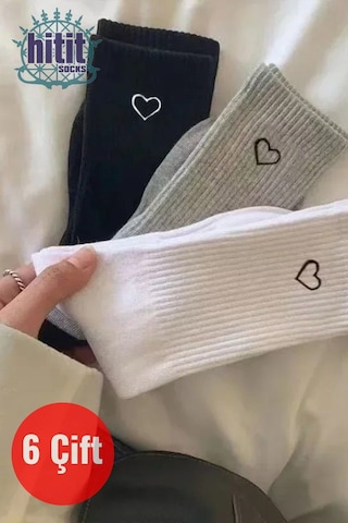 Kadın 6 Çift Premium Kalite Kalp Detaylı Tenis Çorap Siyah Beyaz Gri ASORTİ