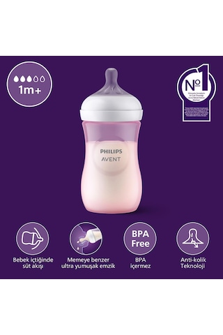 Philips Avent Doğal Tepkili Biberon, 260 Ml, 3-6 Ay+, Akıtmaz Emzik, Kolik Ve Gaz Önleyici, Bpa İçermez, Pembe, Scy