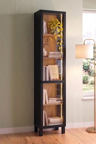 Robin Home Prime Temperli Cam Kapaklı Neon Led Işıklı Dar Alan Vitrin Büfe Kitaplık Ahşap Ayaklı 5 Raflı Sepet-siyah 183cm