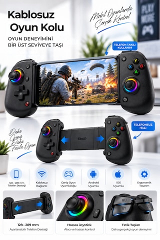 Kablosuz Mobil Oyun Kolu Rgb Joystick Android İos Uyumlu Telefon Tutuculu Mobil Gamepad