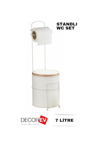 Decorev 7 Litre Banyo Mutfak Çöp Kovası Metal Standlı Tuvalet Wc Kağıtlık Seti Beyaz