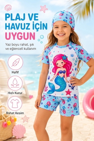 Rony Pony Kids Kız Çocuk 3 Lü Plaj Takımı Deniz Kızı Desenli Mayo Seti Bone Şortlu Mavi