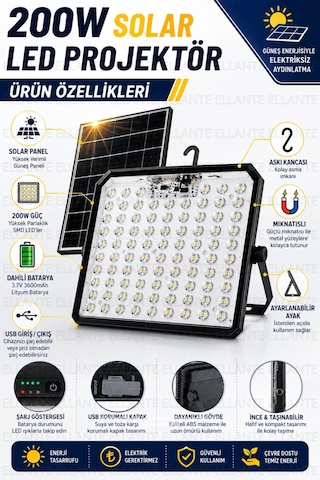 200w Solar Led Projektör Usb Şarjlı Powerbank Özellikli Güneş Enerjili Taşınabilir Kamp Bahçe Garaj