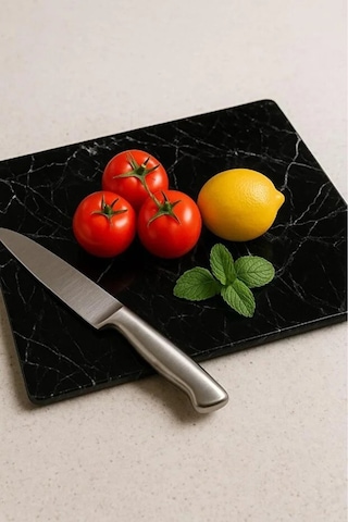 Siyah Mermer Görünümlü Cam Kesme Tahtası Kırılmaz, Oval Kenarlı 20x30 Cm Hijyenik Kesme Tahtası Siyah Mermer