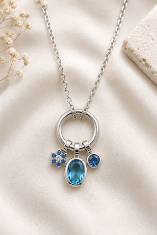 Blue Crystal Charm Halka Kolye Gümüş
