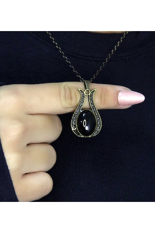 Doğal Taş Oniks Doğal Taşlı Lale Modelli Antik Kadın Kolye Euk44o Siyah