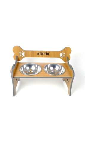 Köpek Su Ve Mama Kabı Standı - Özel İsim Baskılı - Suya Dayanıklı - Ceviz Cdf - Çelik Kase -2 1000ml