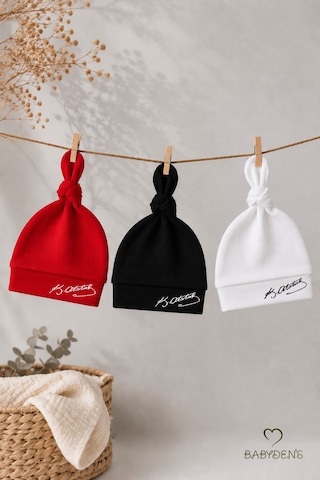 Babyden's Atatürk İmzalı Yenidoğan Bebek Şapka Seti 3 Lü Paket %100 Pamuklu Unisex Bebek Bere Takımı Beyaz - Kırmızı - Siyah