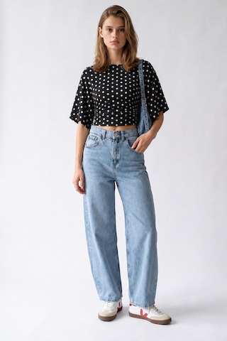 Mixray 2172 Kadın Yüksek Bel Geniş Paça Barrel Denim Pantolon Mavi