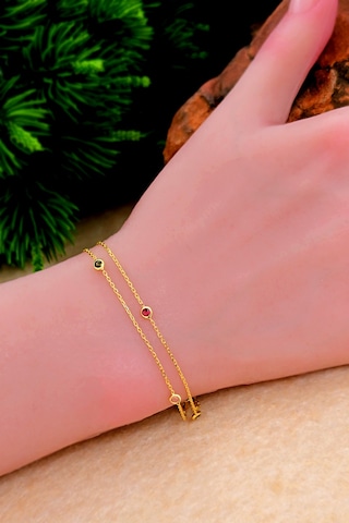 Silvera Telkari Renkli Zirkon Taşlı İki Zincirli Gümüş Bileklik Altın Kaplama Kadın 925 Ayar St373 Gümüş